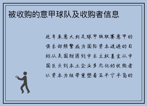 被收购的意甲球队及收购者信息